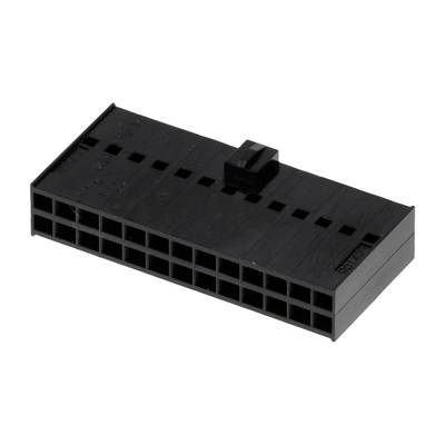 Czarny wtyk plastikowy z wieloma stykami do podłączenia elektrycznego urządzeń. Posiada mechanizm blokujący na górnej części.
