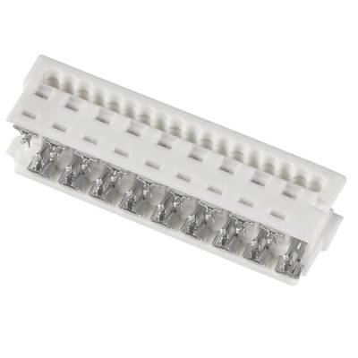 Biała plastikowa kostka zaciskowa z wieloma stykami metalowymi ułożonymi w rzędzie.