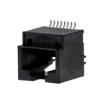 Czarny złącze RJ45 z wieloma stykami na górnej powierzchni, stosowany w kablach sieciowych do połączeń Ethernet.