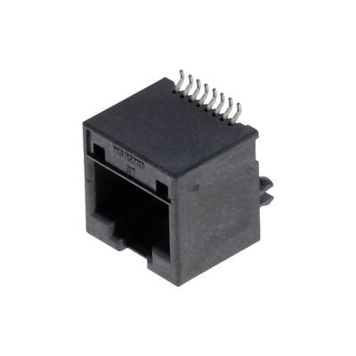 Czarny wtyk RJ45 z wieloma stykami przyłączeniowymi od góry.