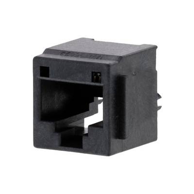 Czarny modularny wtyk gniazda RJ45, przeznaczony do kabli Ethernet, prezentuje otwór do podłączenia oraz zaczepy montażowe.