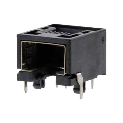 Prostokątne złącze RJ45 w kolorze czarno-szarym do sieci Ethernet, przedstawiające otwór i styki do podłączenia przewodu.