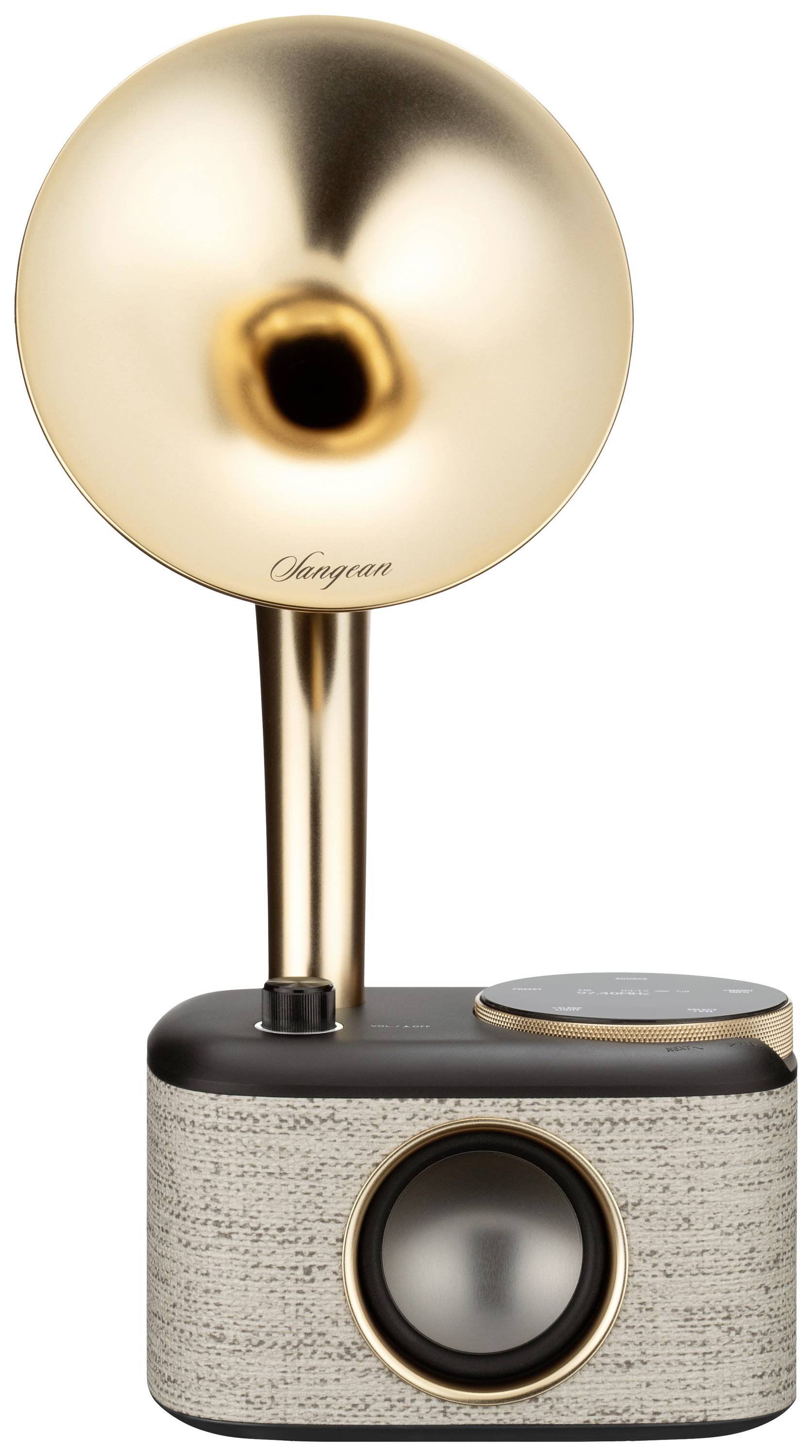 Nowoczesne radio retro z pozłacanym głośnikiem tubowym i materiałową obudową. Elegancki design połączony z klasycznym stylem.