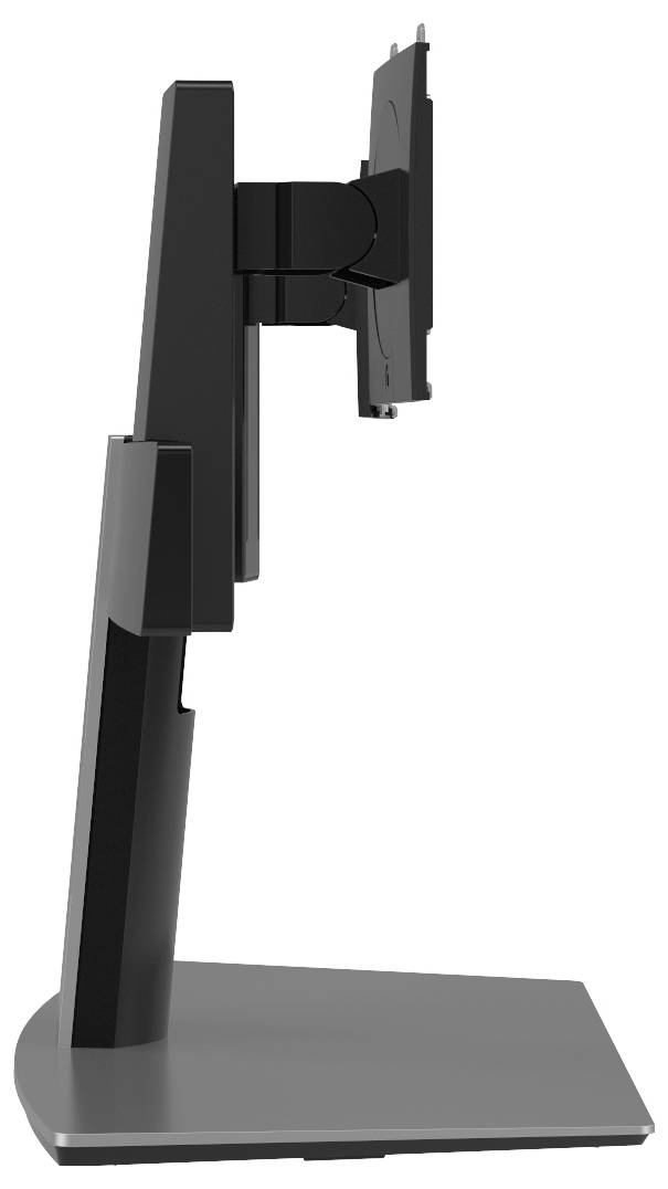 Czarno-szary, regulowany stojak na monitor jest pokazany z boku, podkreślając jego możliwości pochylania i obracania.