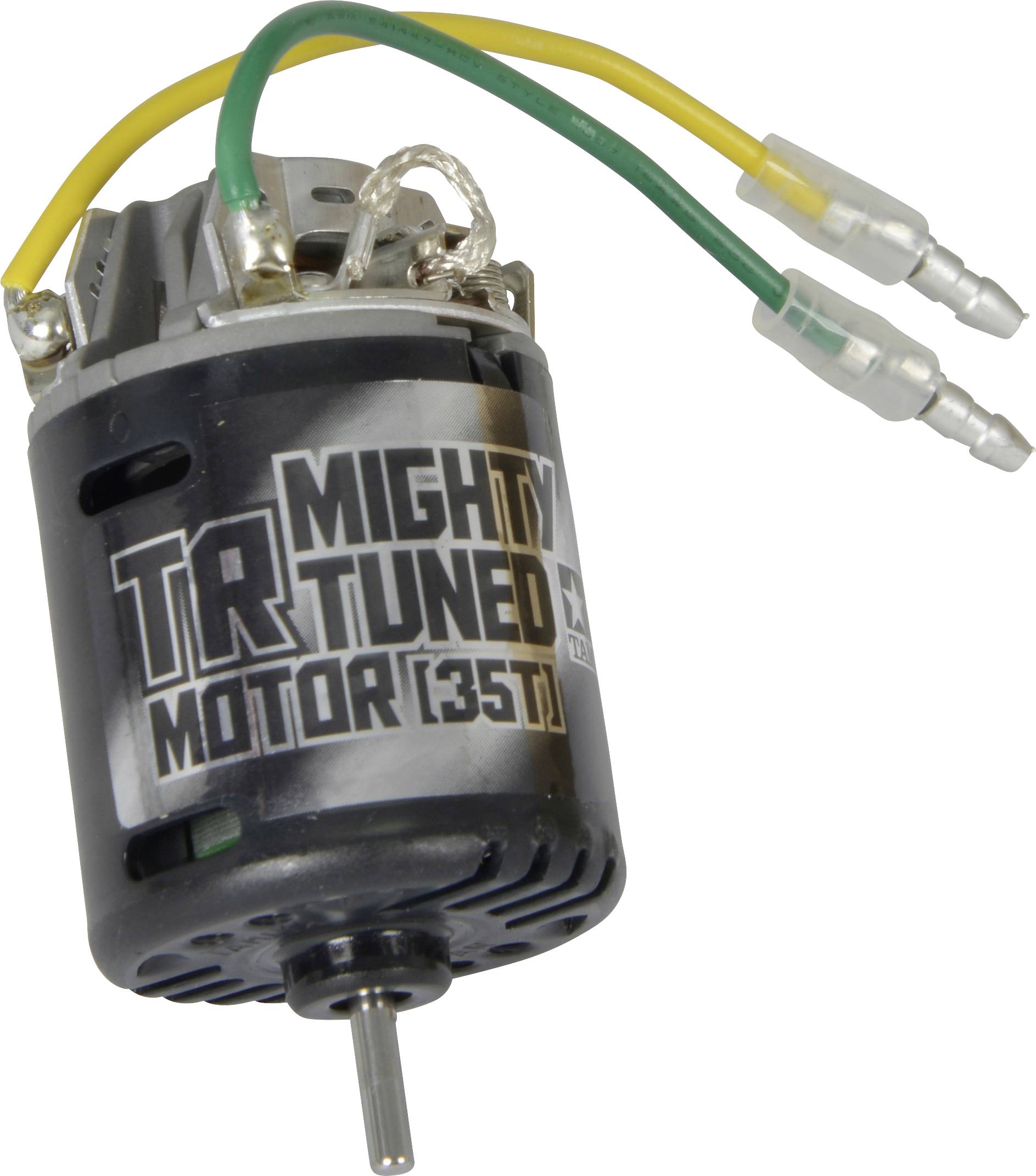 Silnik elektryczny oznaczony etykietą 'Mighty Tuned Motor (35T)'. Podłączone są żółte, zielone i szare przewody z wtyczkami.