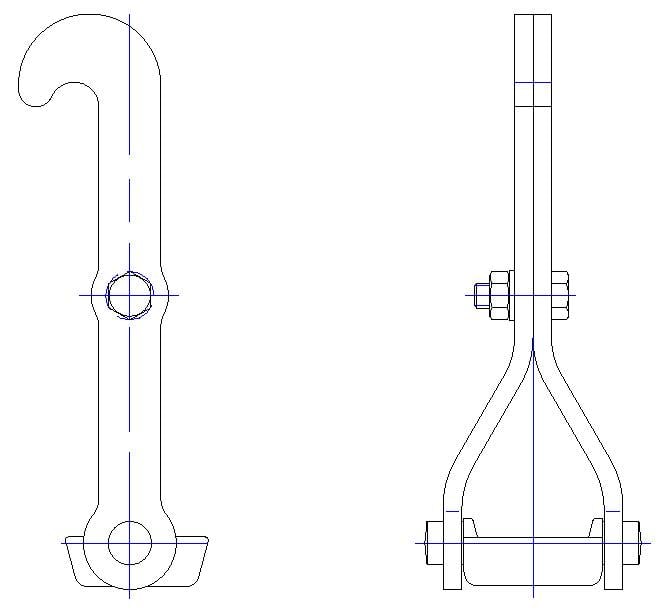 Rysunek techniczny haka z widokiem z przodu i z boku, przedstawiający szczegóły kształtu oraz mocowania za pomocą śrub i nakrętek.