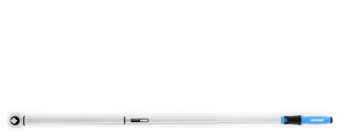 Długi klucz dynamometryczny z niebiesko-czarną rączką jest przedstawiony, zaprojektowany do precyzyjnego dokręcania śrub w zadaniach mechanicznych.