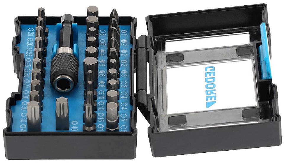 Otwarty zestaw narzędzi z różnymi końcówkami wkrętakowymi w czarnym plastikowym etui, w tym precyzyjne nakładki.