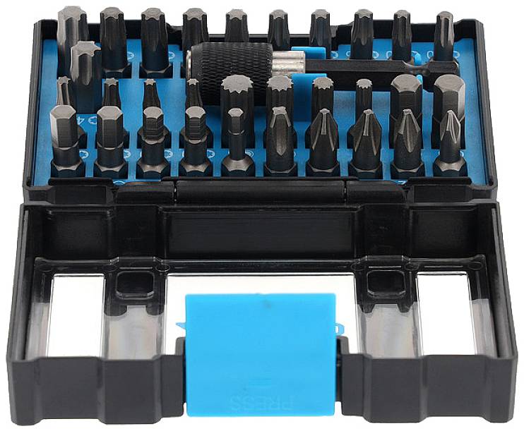 Zestaw grotów śrubokrętowych i akcesoriów w plastikowym pudełku. Różne rozmiary i kształty do użycia z wkrętarką akumulatorową.