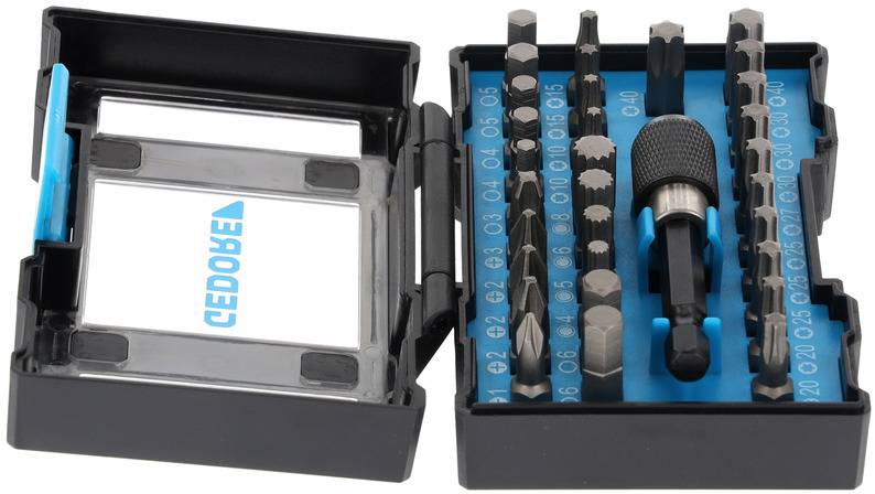 Zestaw bitów w czarno-niebieskim etui, zawierający różne końcówki wkrętakowe oraz magnetyczny uchwyt bitów.