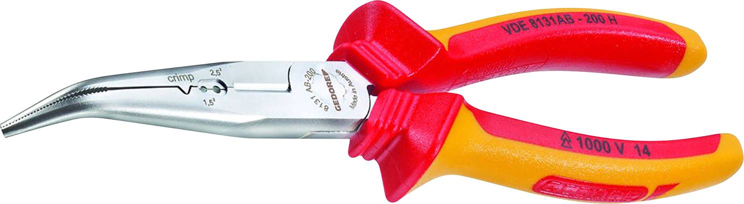 Czerwono-żółte szczypce precyzyjne z zagiętym czubkiem, wyposażone w podziałkę pomiarową, przeznaczone do precyzyjnego chwytania i pracy.