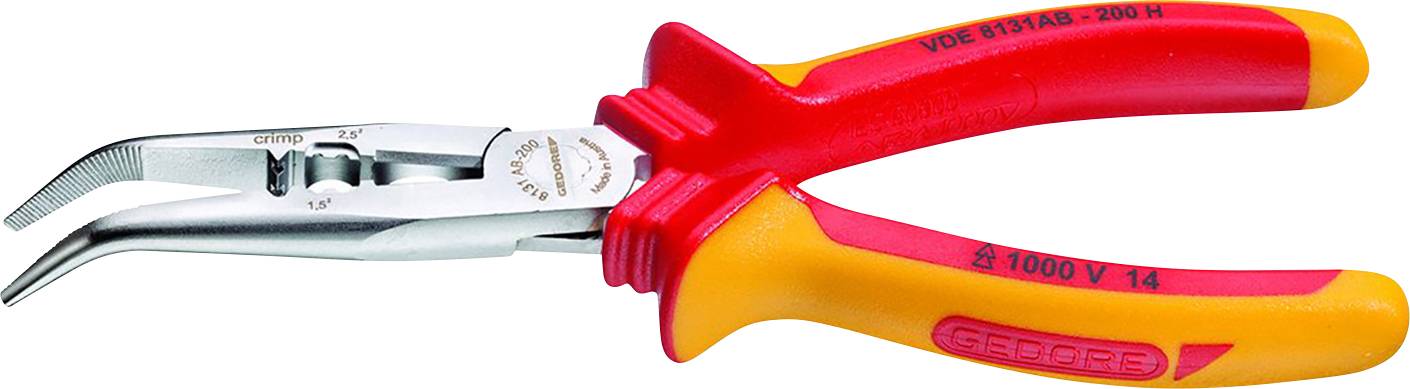 Szczypce elektryczne z czerwonymi i żółtymi izolowanymi uchwytami, odpowiednie do prac pod napięciem do 1000 woltów.