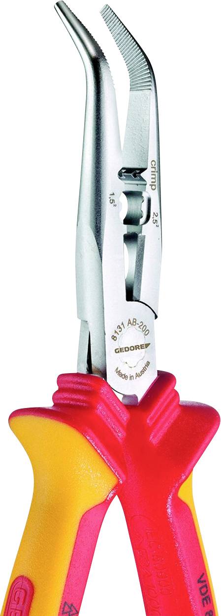 Czerwone i żółte szczypce precyzyjne z zakrzywionymi szczękami, używane do chwytania małych przedmiotów w trudno dostępnych miejscach.