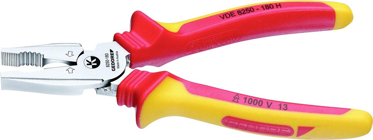 Izolowane szczypce wielofunkcyjne z czerwonymi i żółtymi rękojeściami, odpowiednie dla napięć do 1000 V, z napisem 'VDE 8250 - 180 H'.
