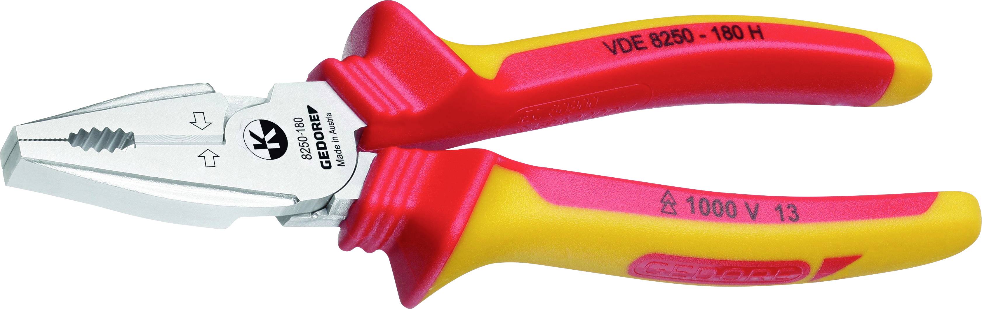 Izolowane szczypce z czerwonymi i żółtymi uchwytami, odpowiednie do prac elektrycznych do 1000 V, marka 'GEDORE'.