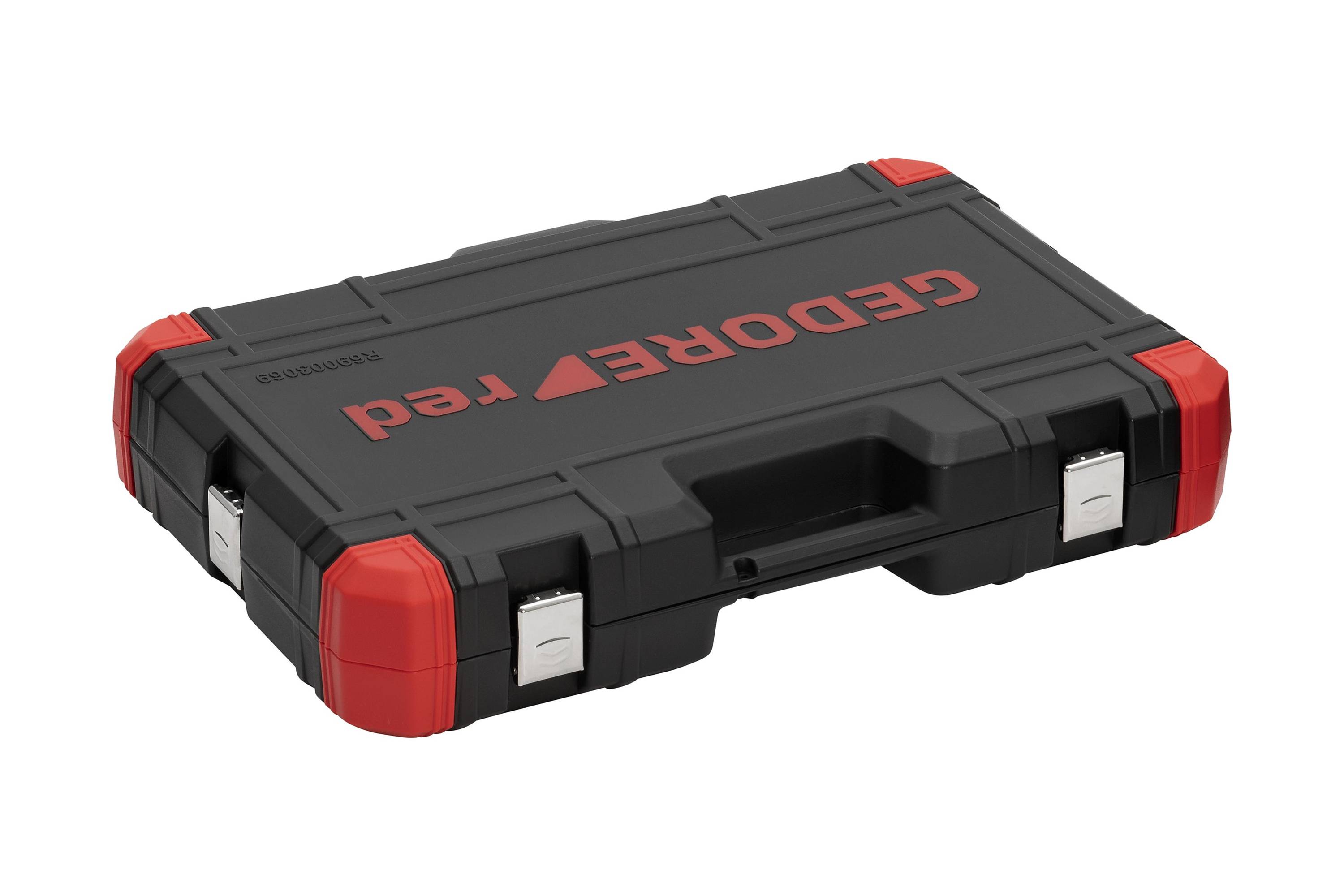 Czarny kufer z czerwonymi narożnikami i napisem 'GEDORE red' na pokrywie. Kufer posiada uchwyt do przenoszenia.