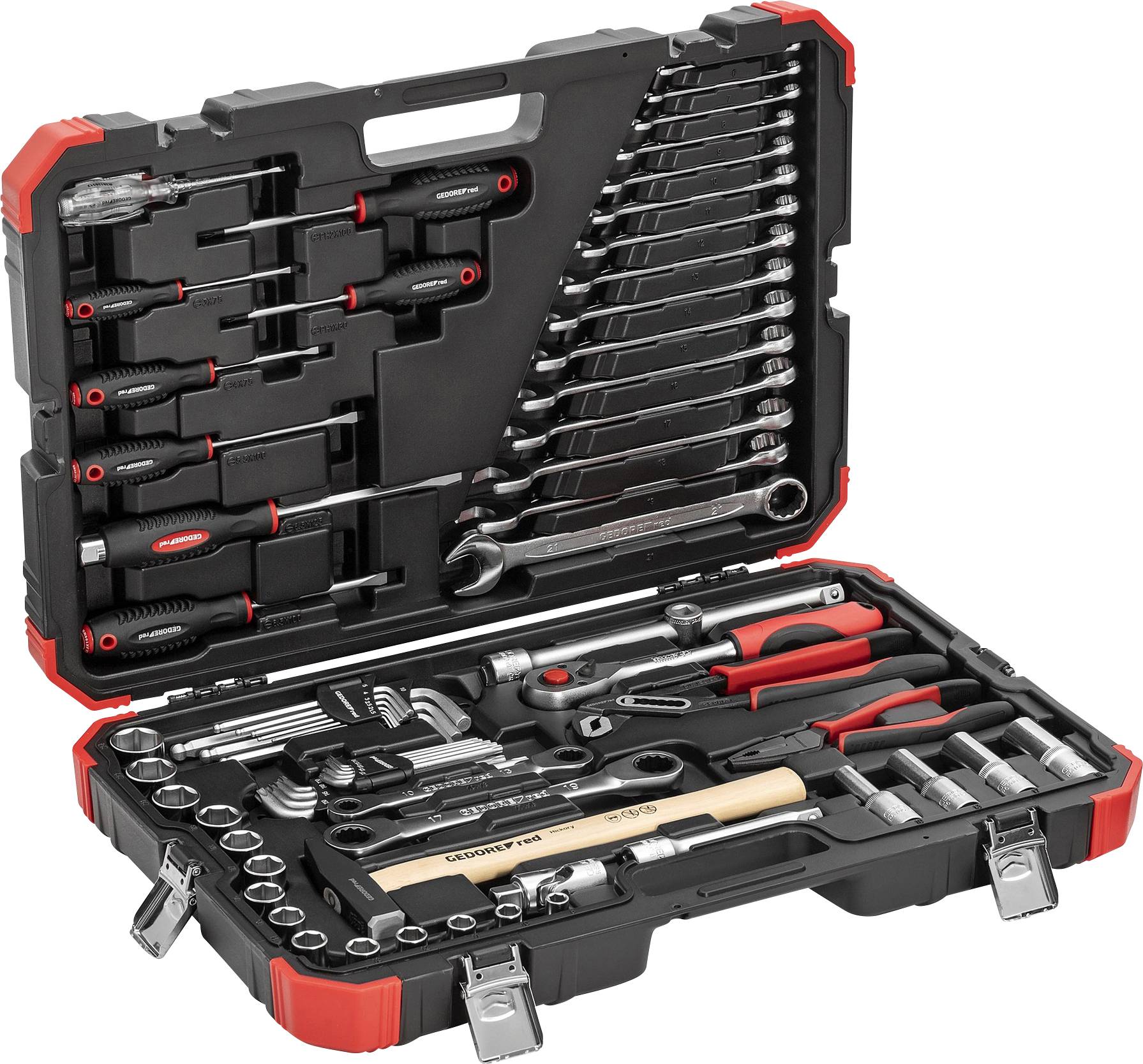 'Otwarty przybornik z różnymi narzędziami ręcznymi, w tym śrubokrętami, kluczami, szczypcami i młotkiem.'