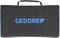 Czarne etui na narzędzia z wydrukowanym niebieskim logo 'GEDORE' pośrodku, obramowane niebieskimi przeszyciami, z plastikowym uchwytem u góry.