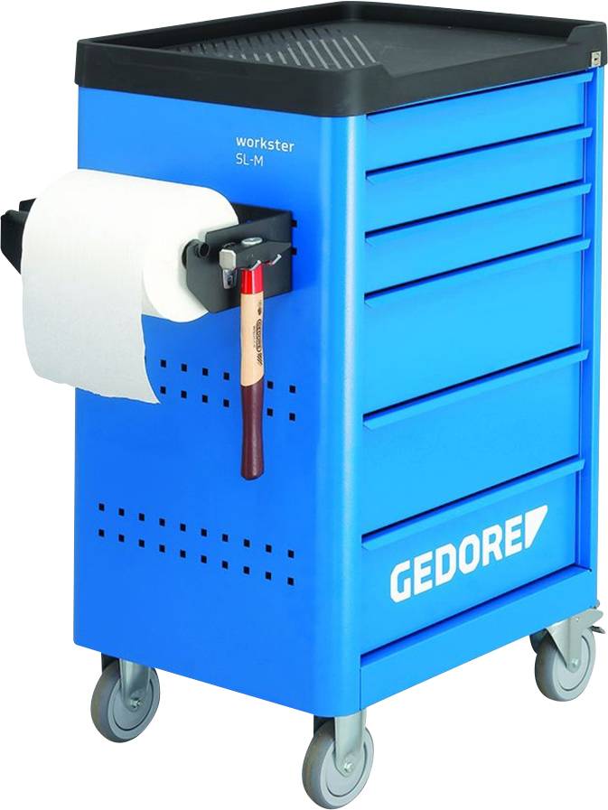 Niebieski wózek warsztatowy na czterech kółkach, z bocznym uchwytem na rolkę papieru i młotkiem. Napis 'GEDORE workster 5L-M'.