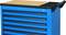 Niebieski szafka narzędziowa na kółkach z wieloma szufladami i drewnianym blatem, z boku wyposażona w perforację do montażu akcesoriów.