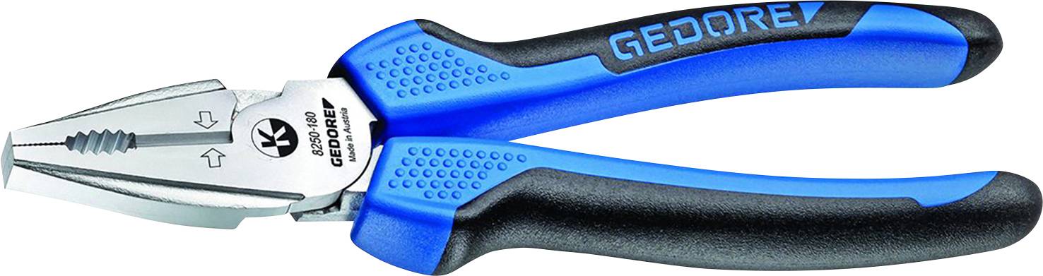 Niebieskie szczypce uniwersalne z gumowanymi rękojeściami i metalowymi szczękami. Na rękojeści widnieje napis 'GEDORE'. Używane są do chwytania i cięcia różnych materiałów.
