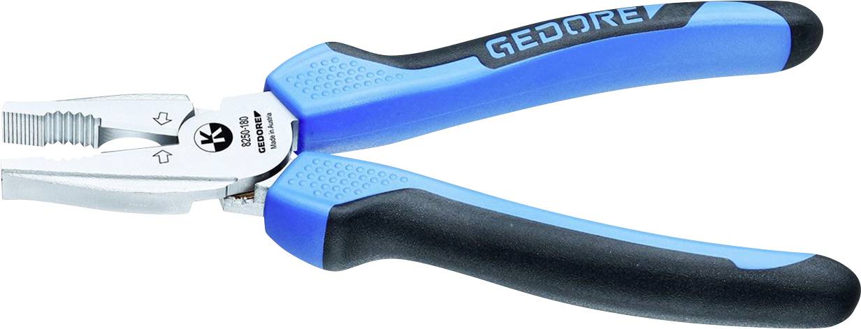 Szczypce w kolorze granatowo-czarnym z napisem 'GEDORE' na uchwycie. Lewe szczęki są ząbkowane, prawe płaskie.