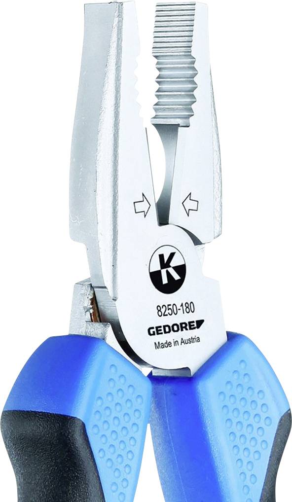 Niebiesko-czarna szczypce uniwersalne z ryflowanym uchwytem i ząbkowanymi powierzchniami chwytającymi, wyprodukowane w Austrii przez Gedore.