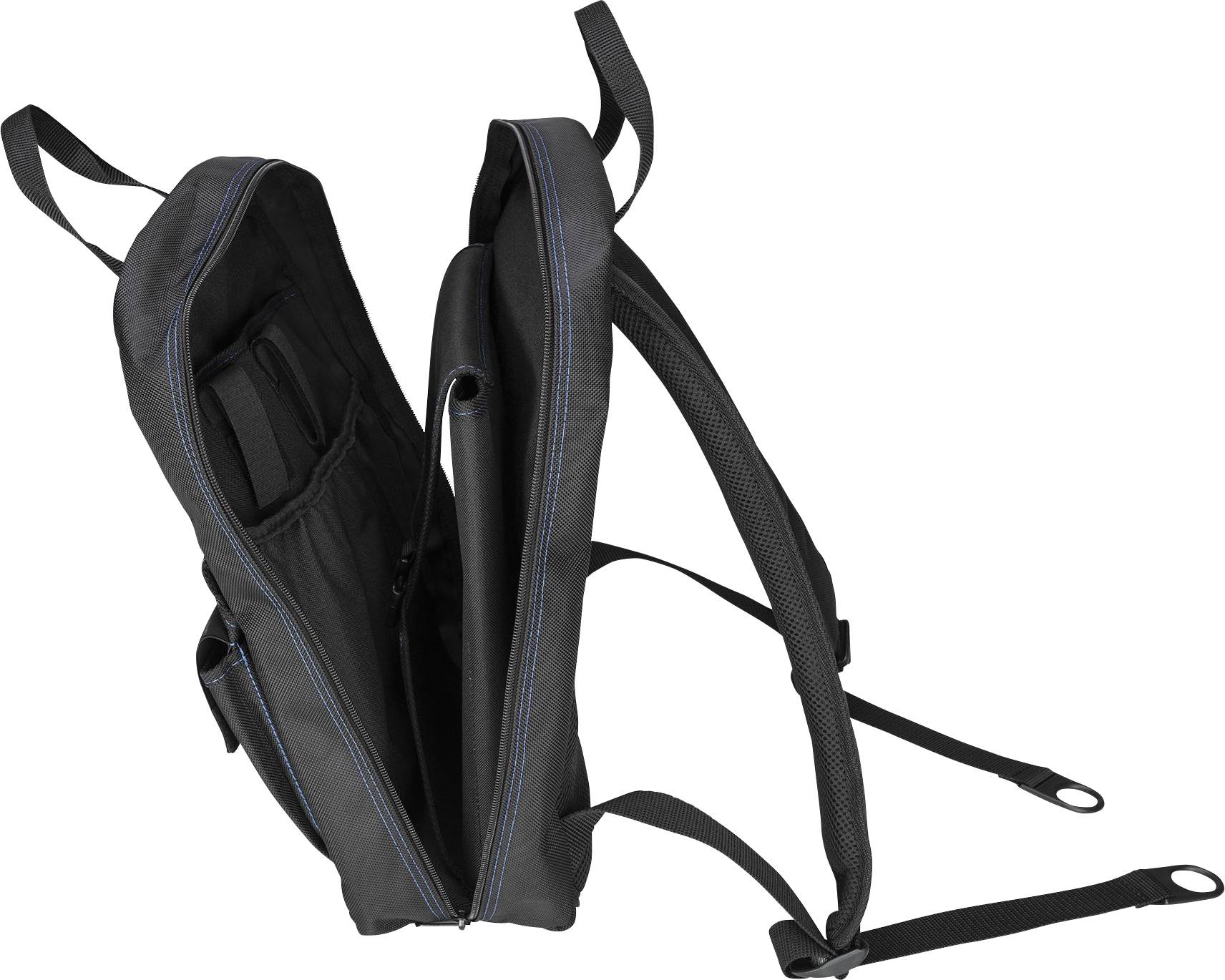 Czarny, otwarty plecak z niebieskimi szwami i dwoma zakrytymi przegrodami, przedstawiony poglądowo z boku.