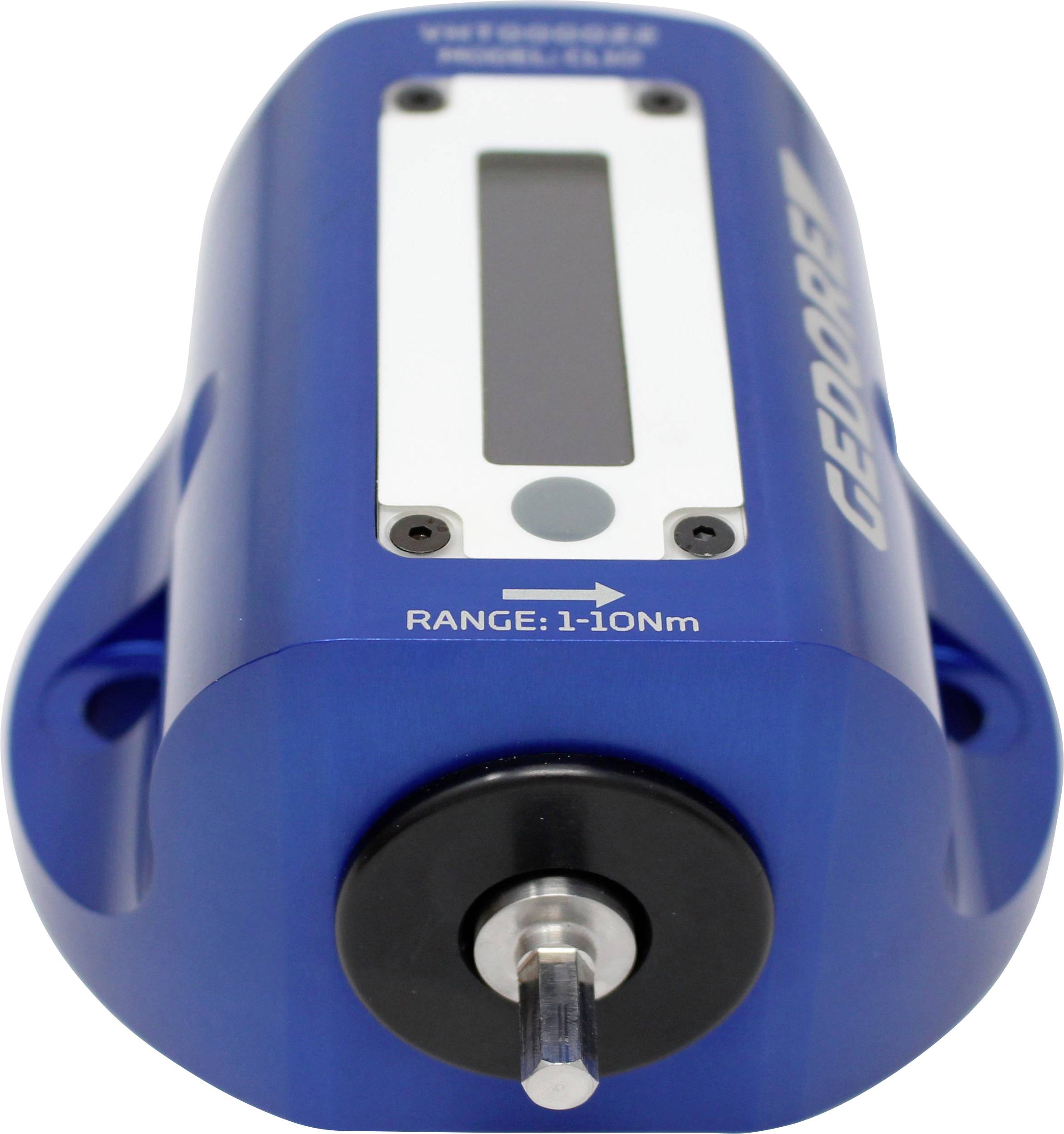 Niebieskie urządzenie pomiarowe do pomiaru momentu obrotowego z cyfrowym wyświetlaczem. Napis u dołu: 'ZAKRES: 1-10 Nm'.