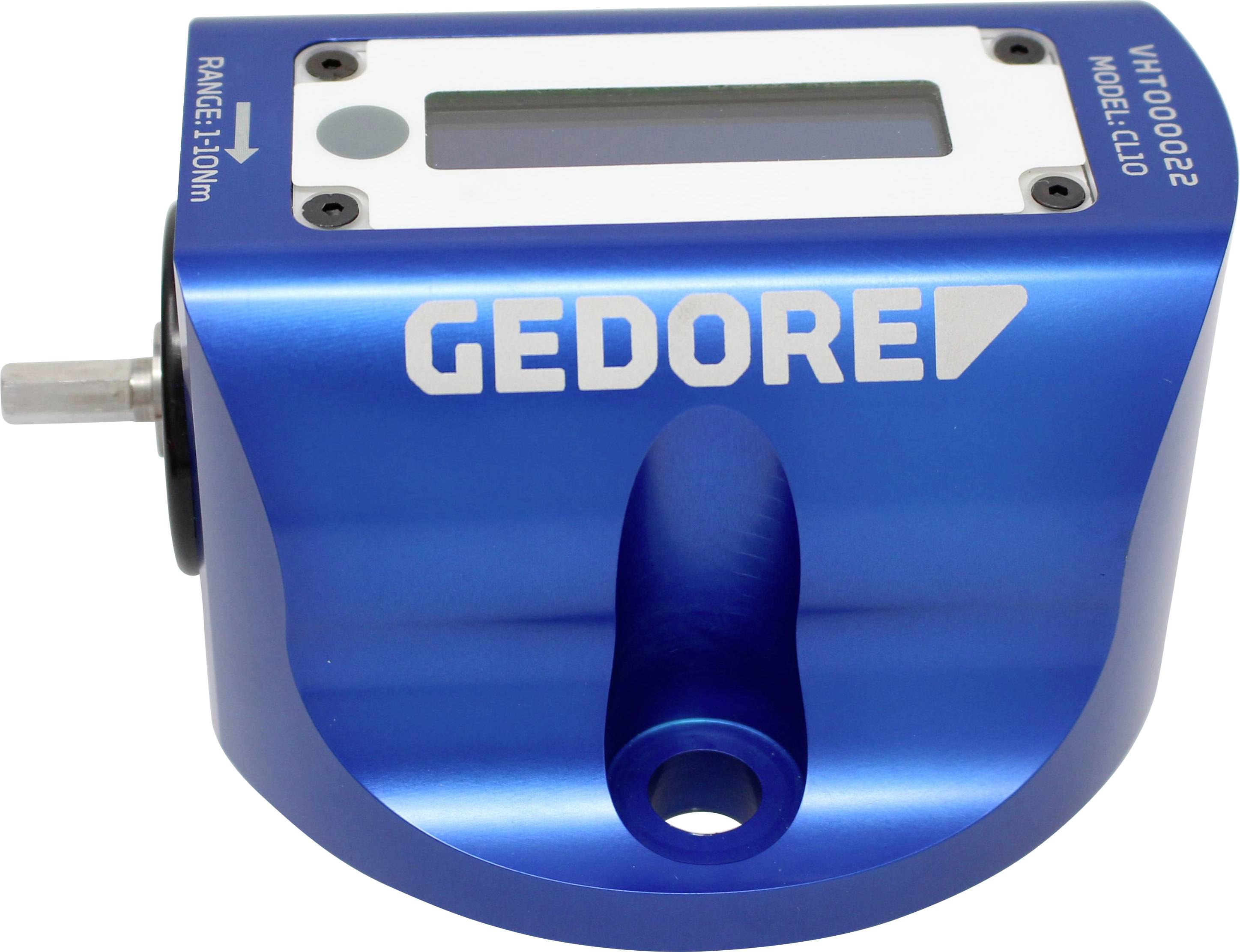 Niebieski cyfrowy miernik momentu obrotowego z napisem 'GEDORE'. Wyświetlacz na górze, skala od 1-10 Nm z boku.