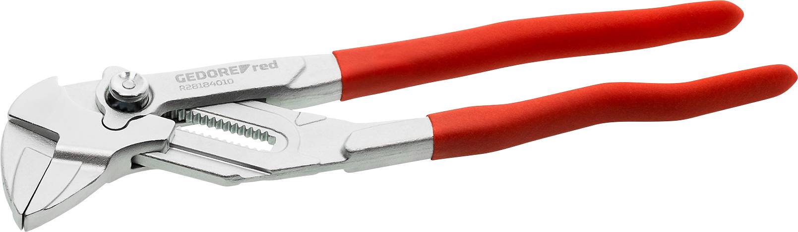 Czerwone szczypce do rur z regulowaną szczęką i ryflowanym uchwytem, odpowiednie do prac hydraulicznych i naprawczych.