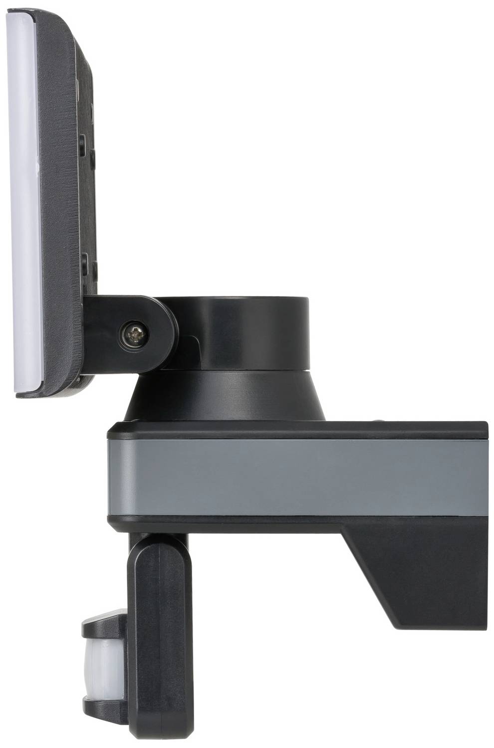 Widok boczny czarno-szarego zewnętrznego światła sterowanego czujnikiem ruchu.