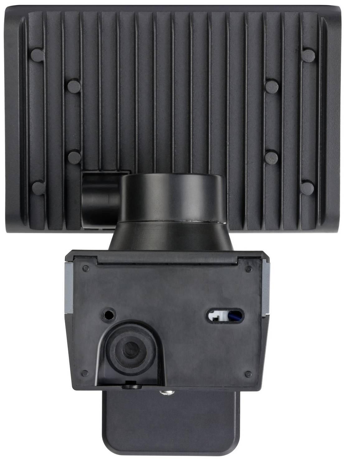 Czarne, prostokątne urządzenie oświetleniowe o żebrowanej strukturze z centralnym elementem mocującym.