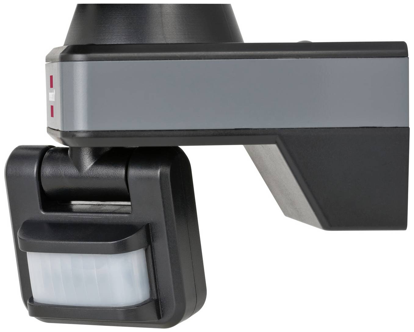 Czujnik ruchu w czarnej i szarej obudowie, widok z boku. Urządzenie służy do wykrywania ruchu na potrzeby bezpieczeństwa lub oświetlenia.