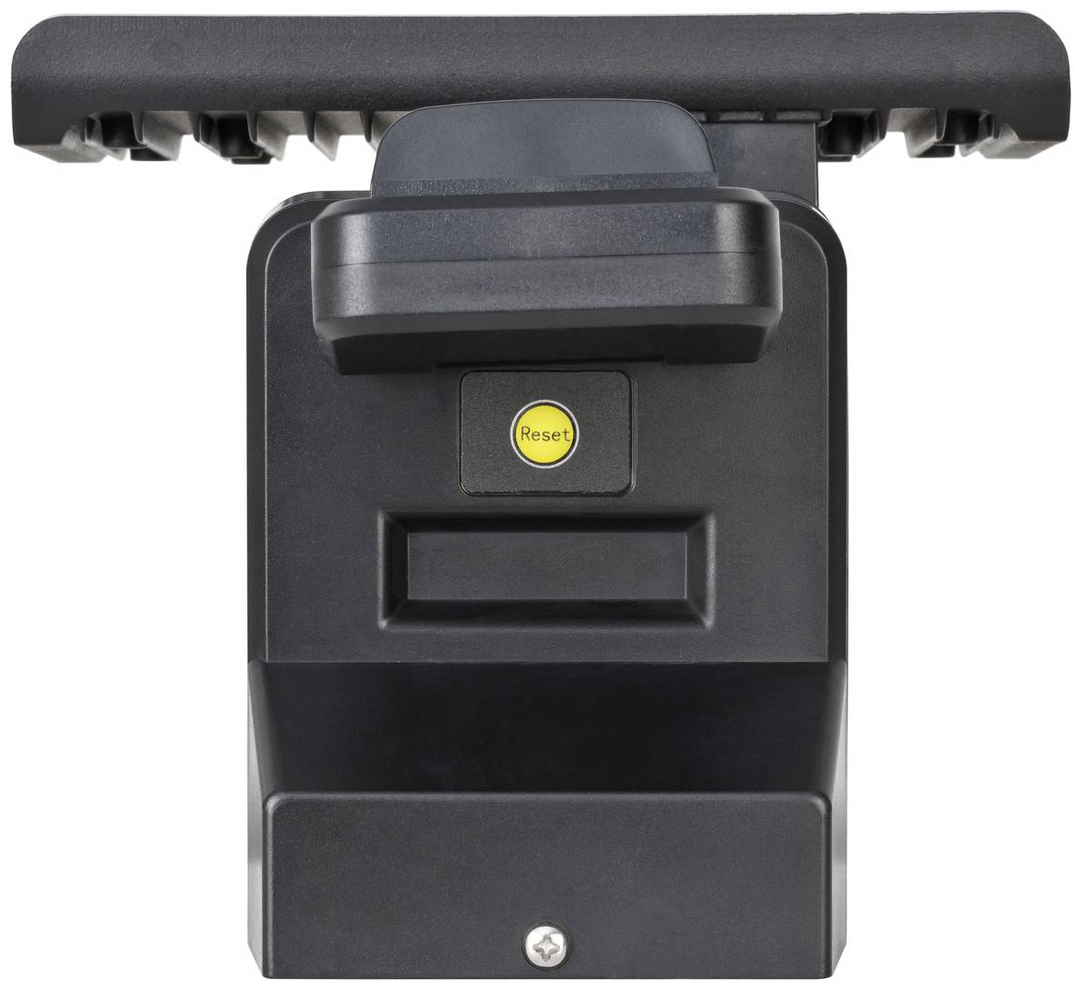 Czarny, prostokątny przyrząd z żółtym przyciskiem "Reset" pośrodku, otoczony czarną ramką. Na górze szeroki uchwyt.