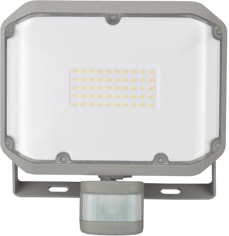 LED-reflektor z czujnikiem ruchu, prostokątny, w szarym obudowie, idealny do oświetlenia zewnętrznego w nocy.