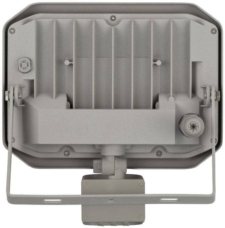 Widok z tyłu prostokątnej, szarej lampy LED z żeberkami chłodzącymi i uchwytem montażowym.