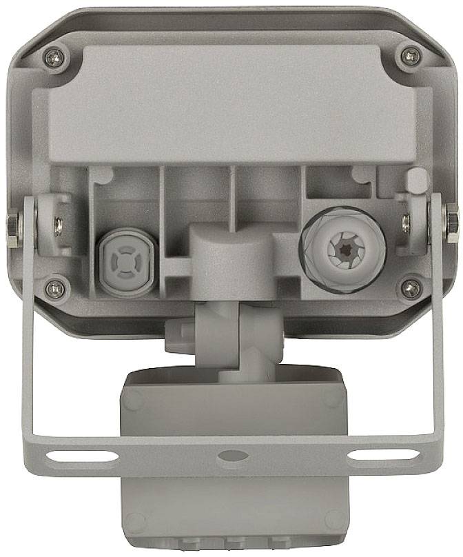 Szare, prostokątne urządzenie z mocowaniem i złączami, prawdopodobnie elektryczny reflektor lub czujnik.