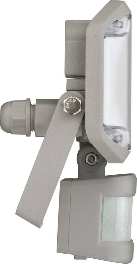 Oprawa oświetleniowa z czujnikiem ruchu, widok z boku. Prostokątne pole świetlne u góry, czujnik na dole, mocowanie ze śrubą pośrodku.