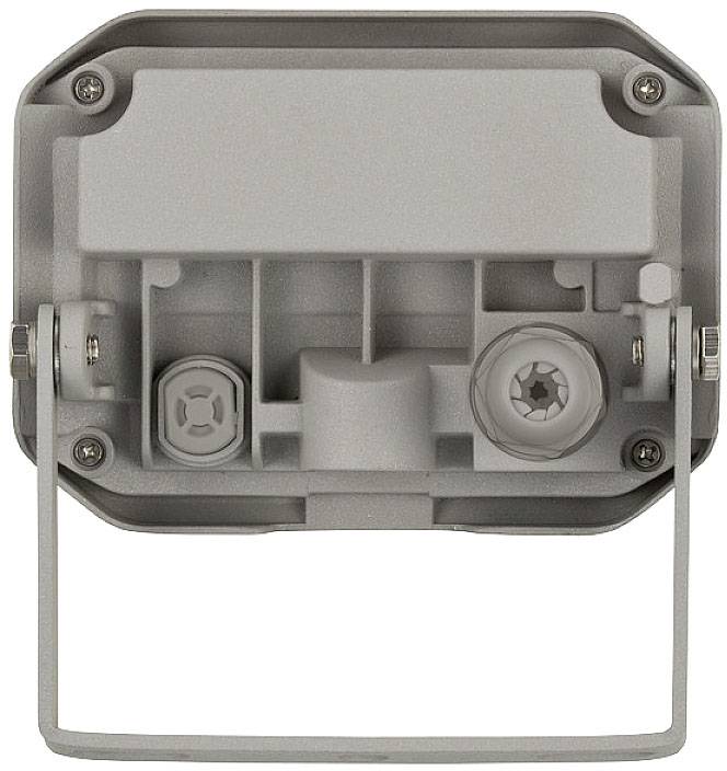 Szary, prostokątny reflektor LED widziany z góry, obudowa z uchwytem montażowym i śrubami, bez widocznego światła.