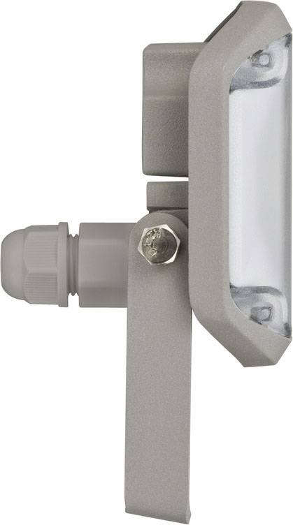 Lampa zewnętrzna w kształcie prostokąta z szarą obudową. Widok z boku ukazuje ramię mocujące i śruby mocujące.