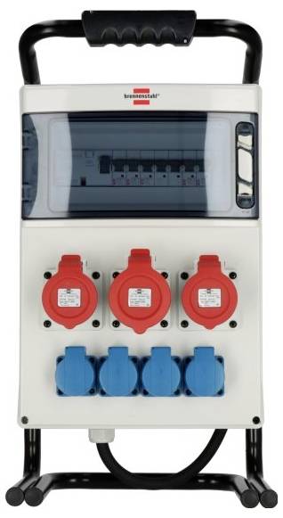 Przenośny panel rozdzielczy do zasilania elektrycznego z uchwytem, przezroczystą osłoną wyłącznika, trzema czerwonymi i czterema niebieskimi przemysłowymi gniazdami zasilającymi na ruchomej ramie na kółkach