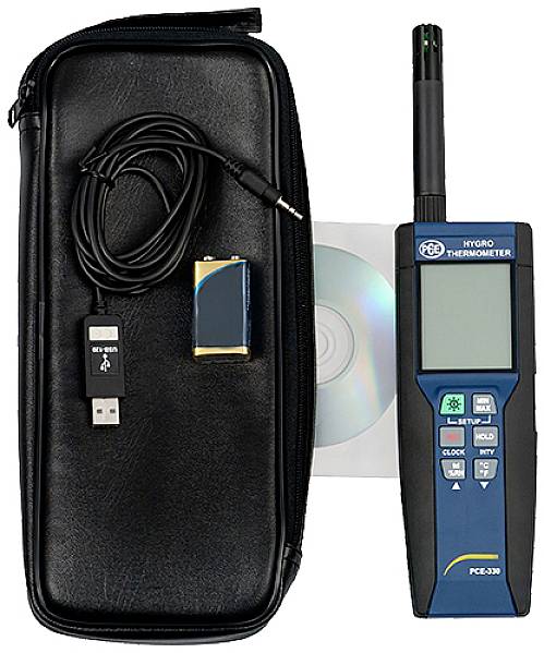 Cyfrowy higrotermomentometr z akcesoriami: torba transportowa, kabel USB, bateria i płyta CD z oprogramowaniem.