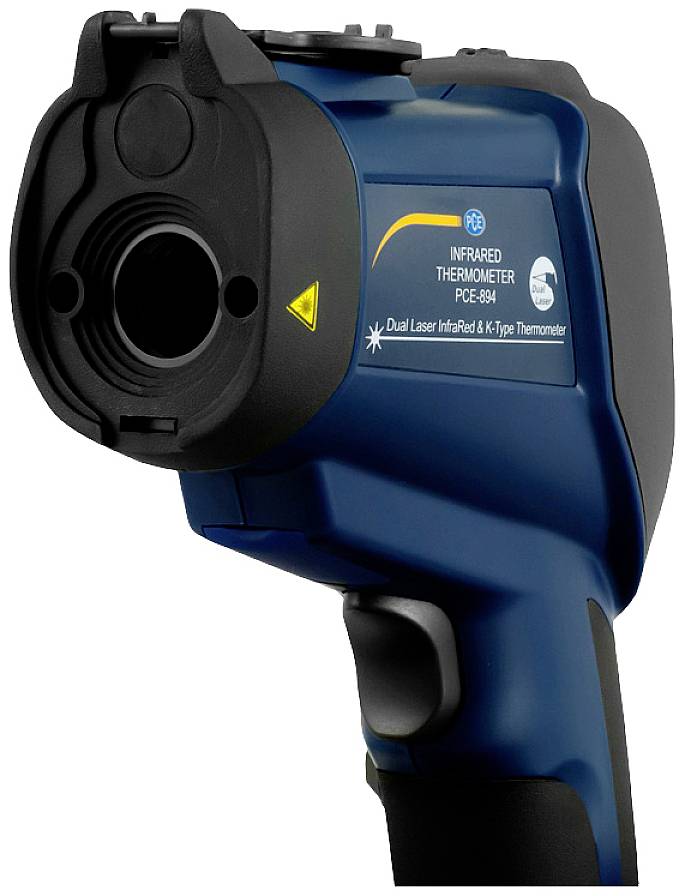 Termometr na podczerwień w kolorze niebieskim i czarnym z wyświetlaczem pokazującym model i funkcje.