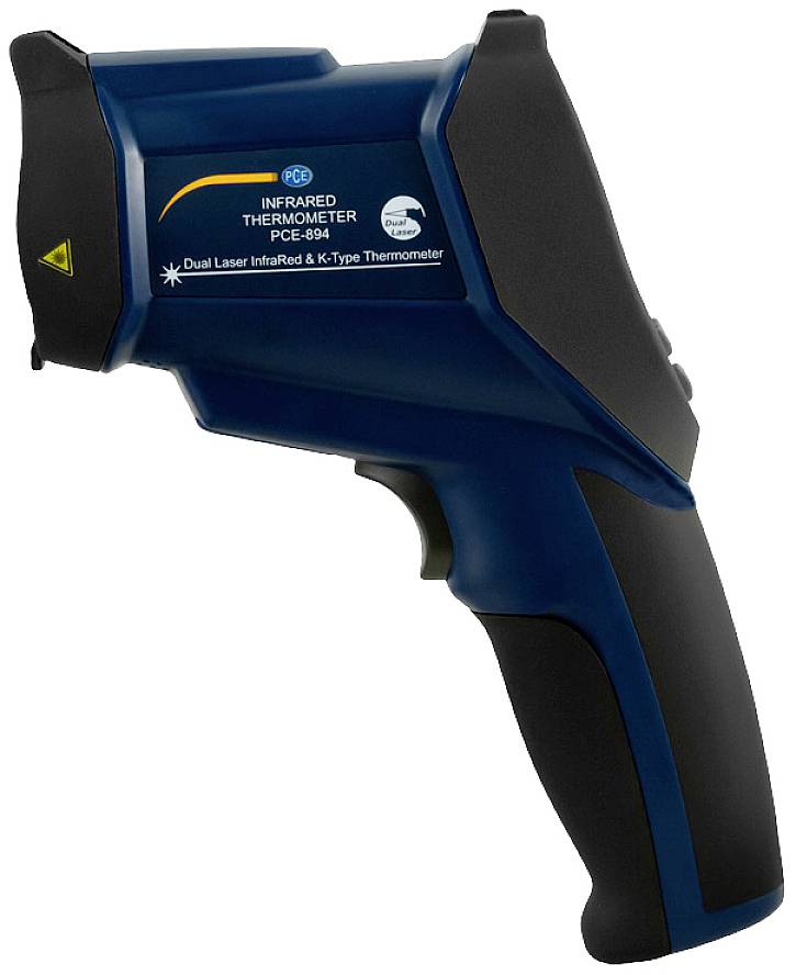 Niebiesko-czarny termometr na podczerwień z podwójnym laserem. Oznaczenia wskazują na producenta i model PCE-984.