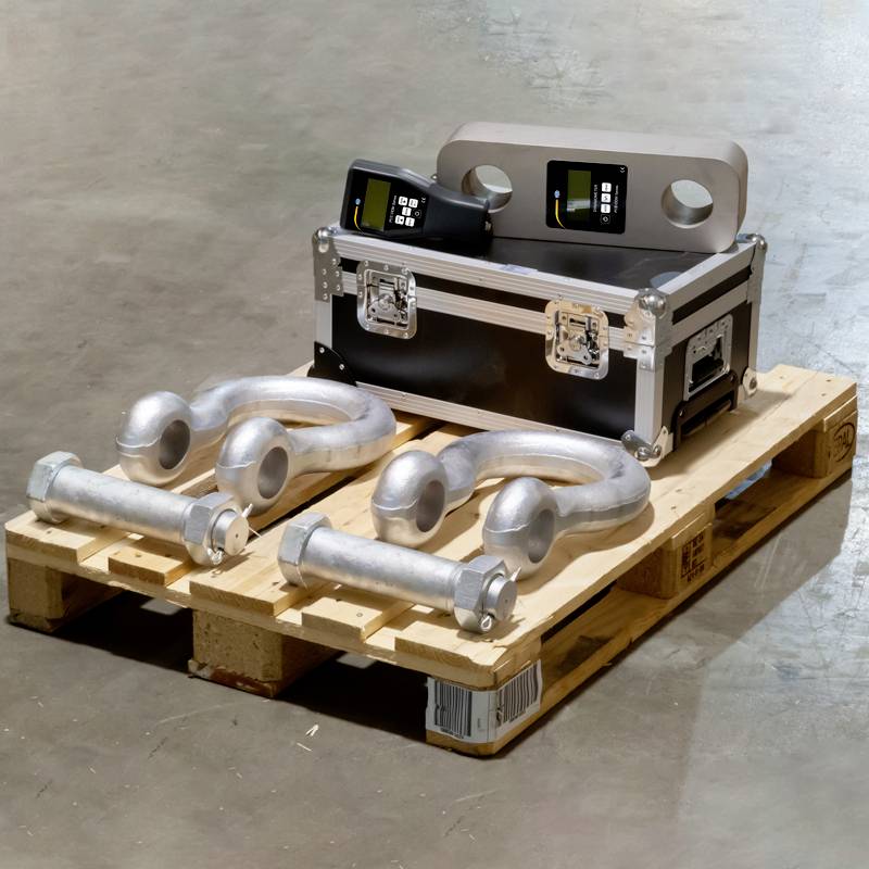 Paleta z dużymi, srebrnymi hakami i śrubami, obok otwarty kufer z dwoma urządzeniami elektronicznymi na betonowej podłodze.