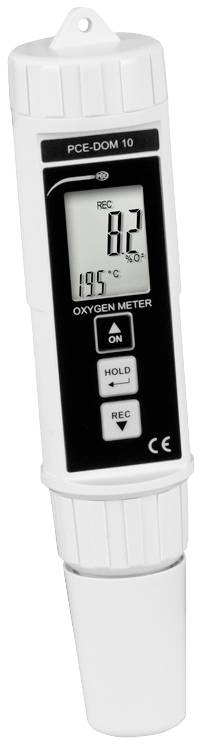Przenośny miernik tlenu z wyświetlaczem cyfrowym, pokazujący 'O2 82%' i temperaturę '19,5°C', z przyciskami sterującymi do włączania/wyłączania, wstrzymywania i rejestracji.