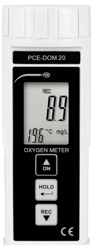 Przenośny miernik tlenu oznaczony „PCE-DOM 20" pokazujący odczyt 8,9 i 19,6 °C mg/L z przyciskami ON, HOLD i REC.