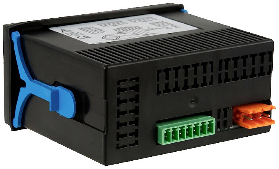 Czarny elektryczny rozdzielnik z kolorowymi złączami, przednie w kolorze pomarańczowym, tylne w zielonym. Na górze znajdują się symbole przełączników.