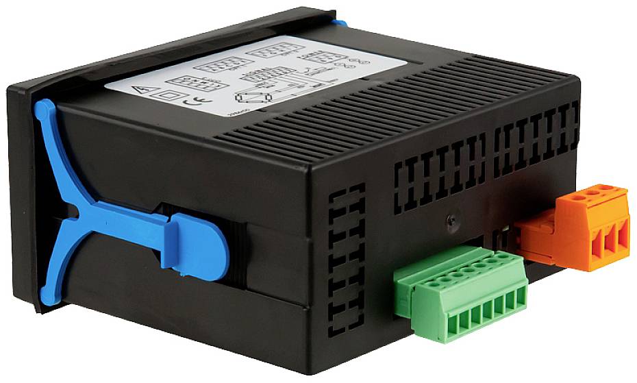 Elektroniczne urządzenie z czarną obudową, niebieskimi uchwytami i pomarańczowo-zielonymi złączami, prawdopodobnie przeznaczone do zastosowań przemysłowych.